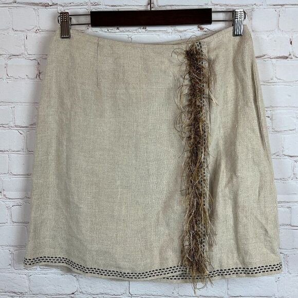 ANN TAYLOR boho gray beige wrap fringe linen unlined embroidered skirt size 8 - Picture 1 of 6